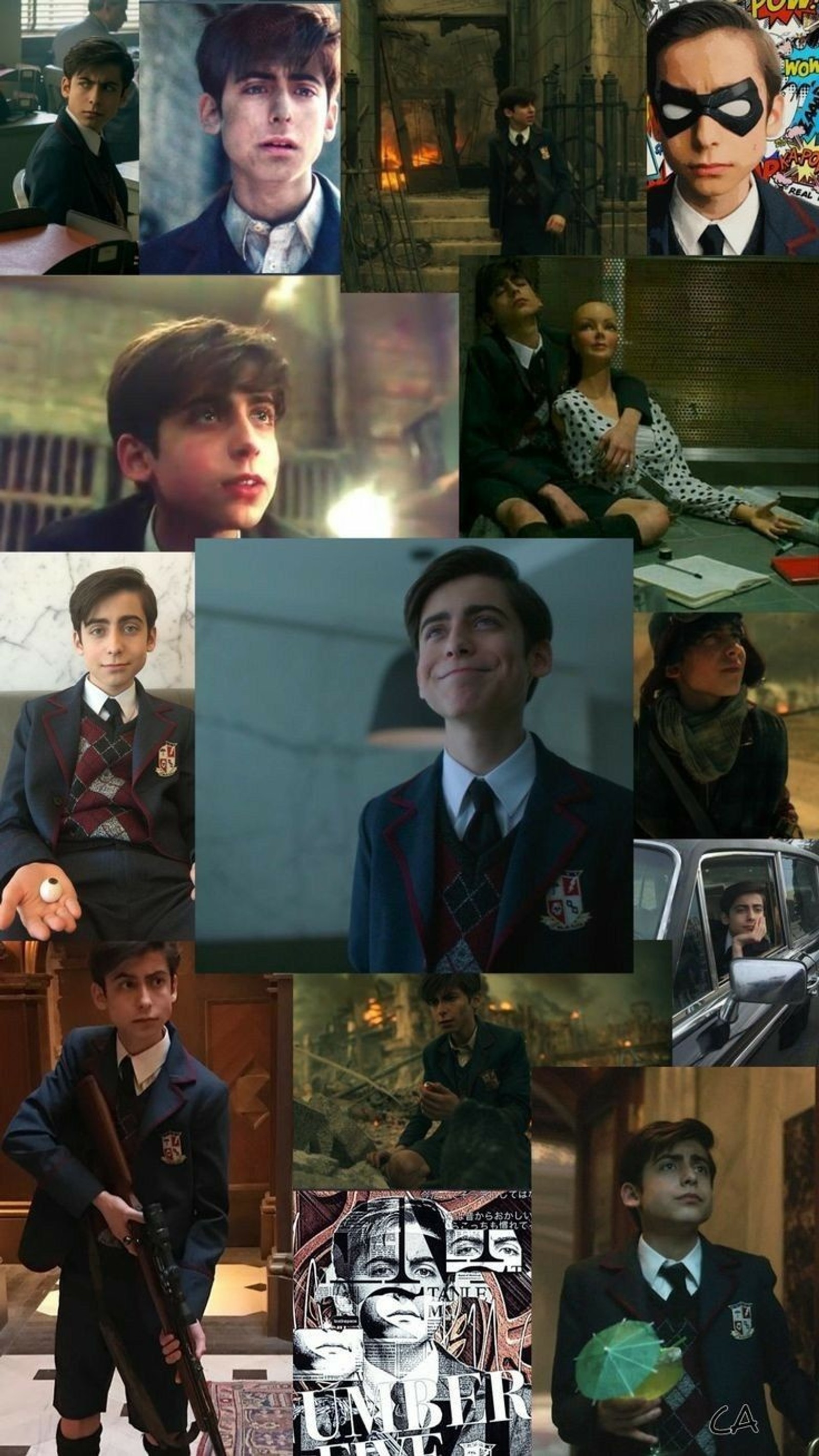 Gros plan d'un collage d'images d'une personne avec une arme (netflix, série, the umbrella academy)