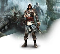 Edward Kenway, el asesino pirata, está listo para la acción en medio de un exuberante fondo de jungla, encarnando el espíritu de aventura y rebelión.