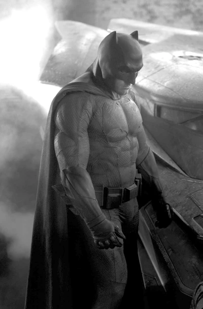 Batman poised in a dramatic stance, shrouded in shadows, alongside his iconic Batmobile, embodying the tension of heroism and vigilance.