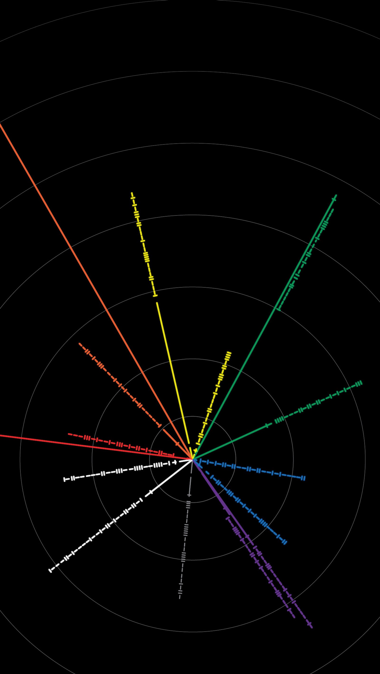 A close up of a black background with a circle of colored lines (colors, cool, dark)