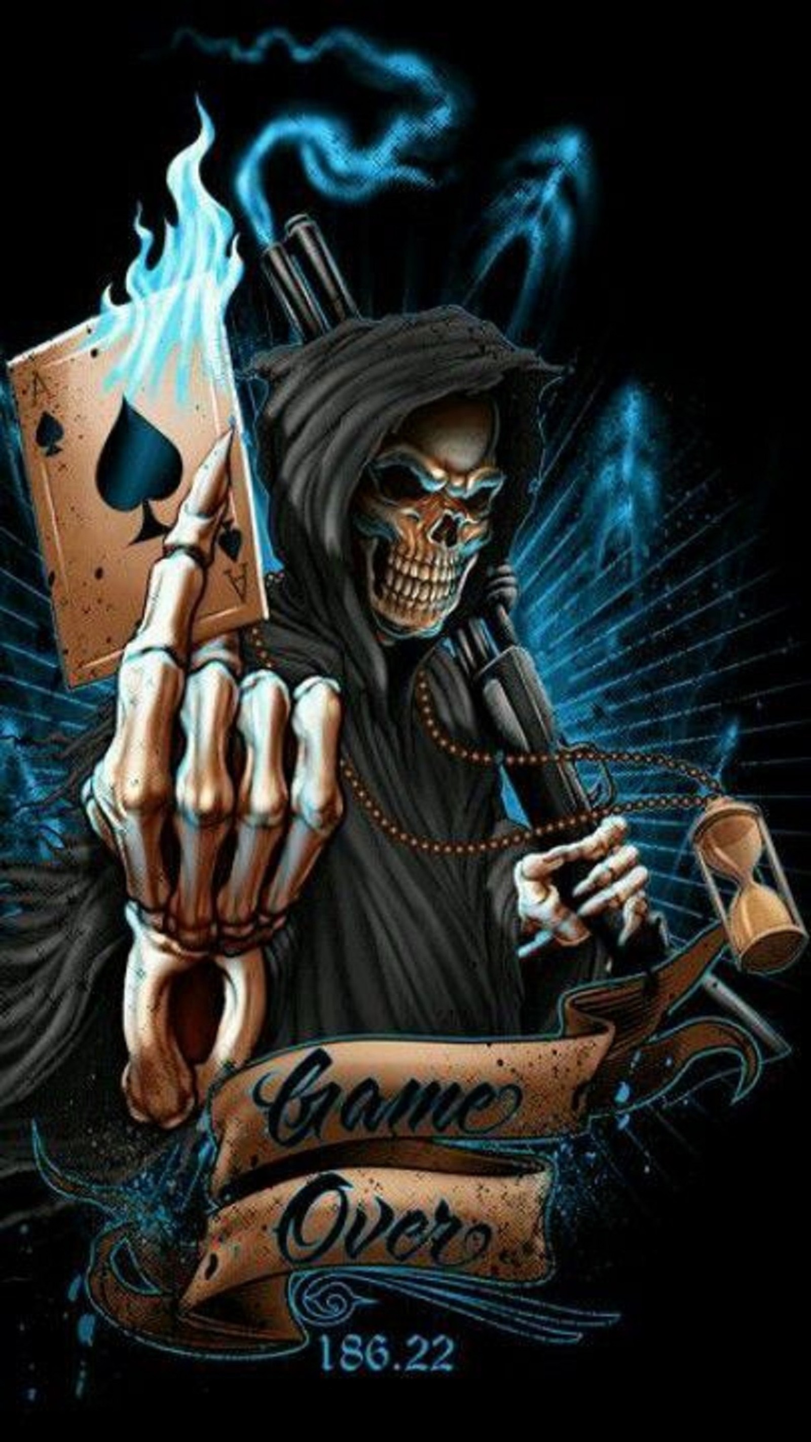 A skeleton holding a card and a cigarette in his hand (skeleton face, cards)