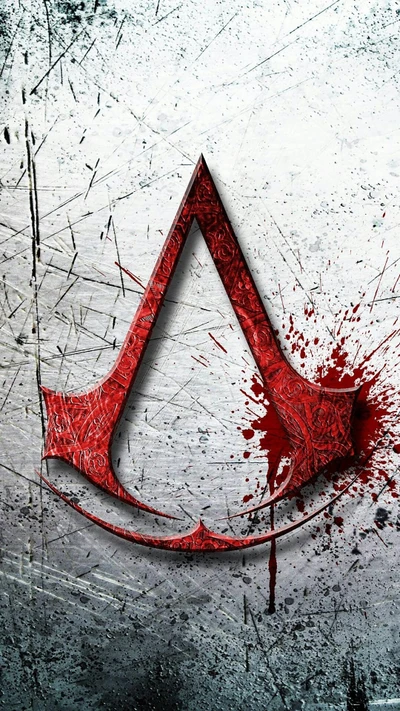 Logo rouge d'Assassin's Creed sur un fond en métal vieilli