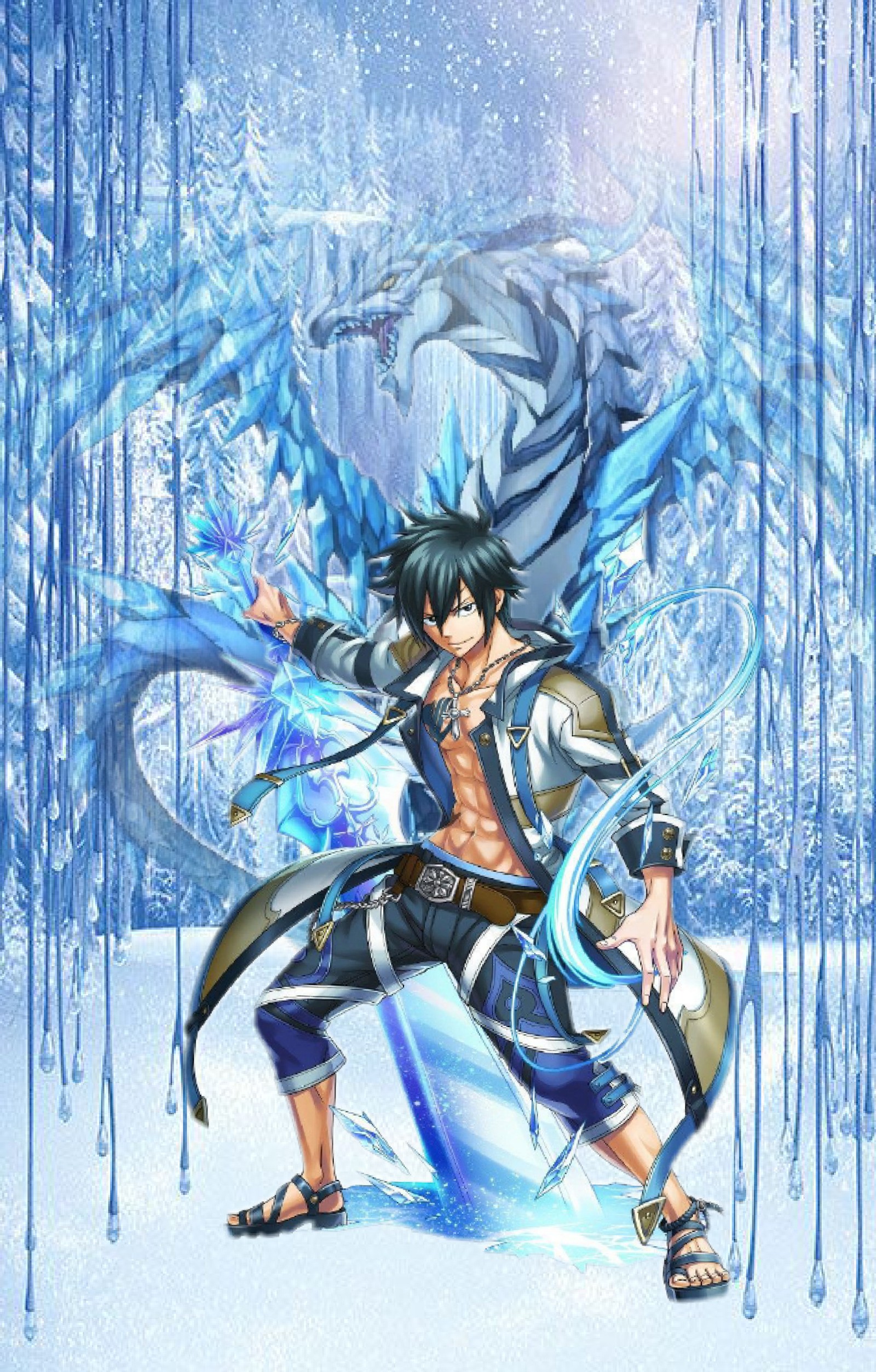 Un hombre con una espada en la mano en un bosque nevado (gris, grey fullbuster, fairy tail, dragón, hielo)