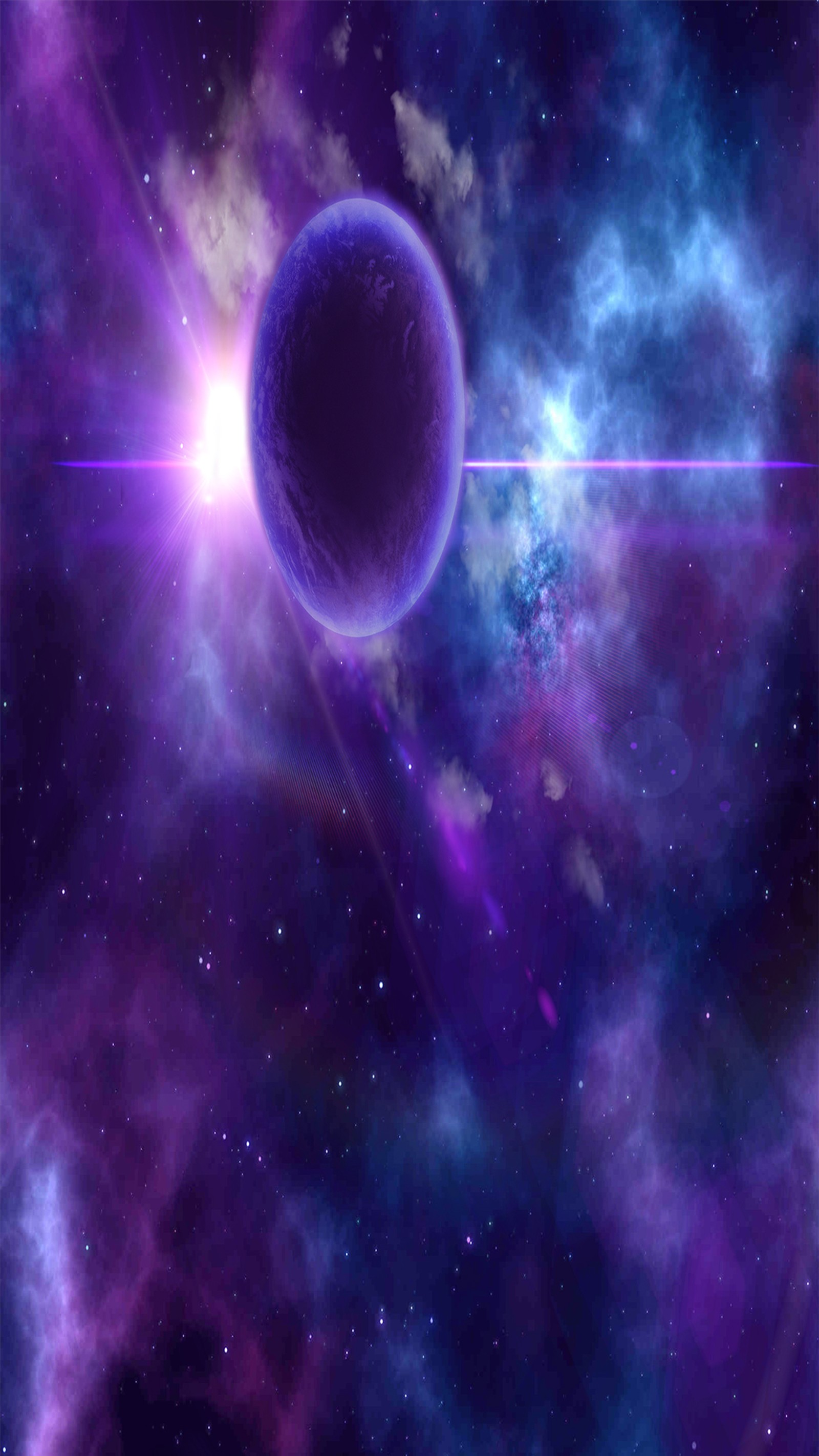 A close up of a purple and blue star field with a black hole (moon, purple, purple moon)