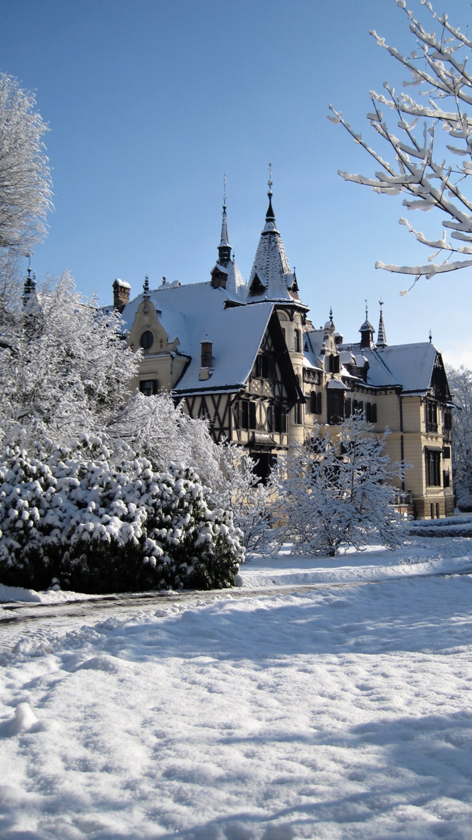 Escena nevada de una gran mansión con una torre del reloj (castillo, frío, romance, nieve)