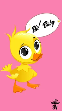 Cute Yellow Duckling with "Hi! Baby" Text on Pink Background