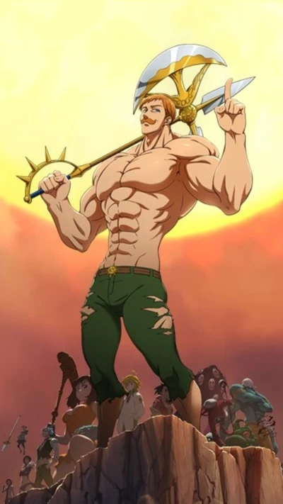 Escanor, die Sünde des Stolzes, steht triumphierend gegen eine goldene Sonne und zeigt seine immense Stärke und Selbstvertrauen.