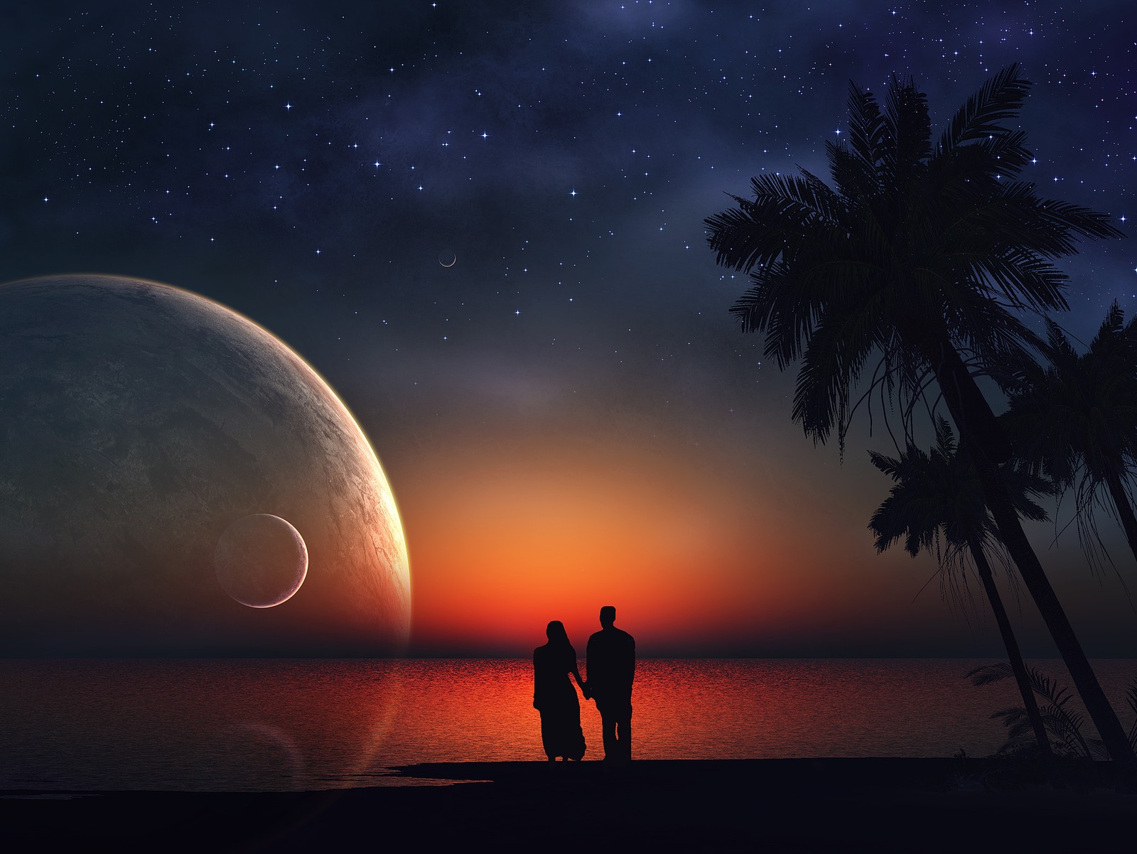 Arafed couple standing on the beach at sunset with a planet in the background (beautiful, love, lovely, lover, romance)