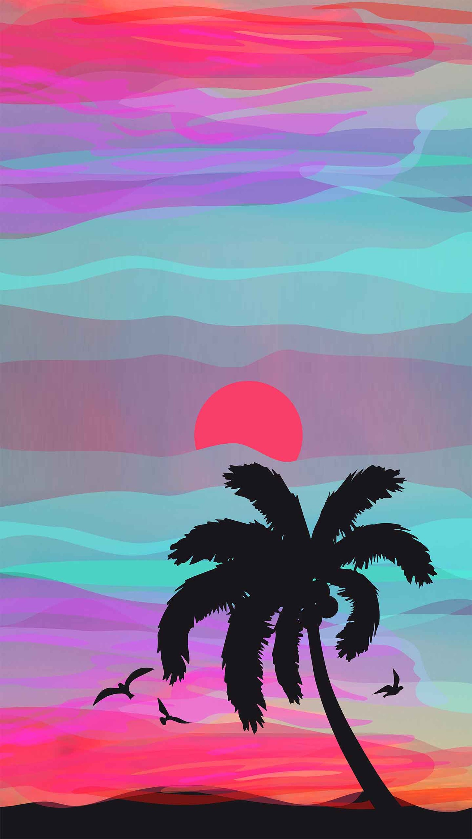 There is a palm tree on the beach with a sunset in the background (visual arts, art, drawing, acrylic paint, light)