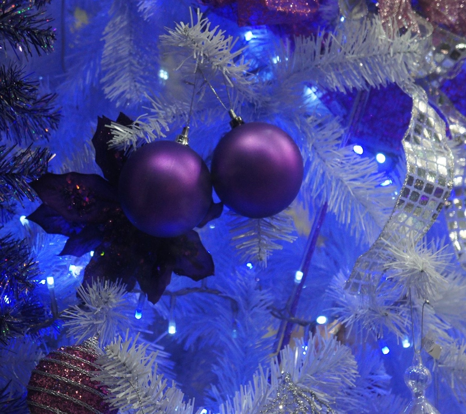 Purple and silver ornaments on a christmas tree with blue lights (balls, christmas)