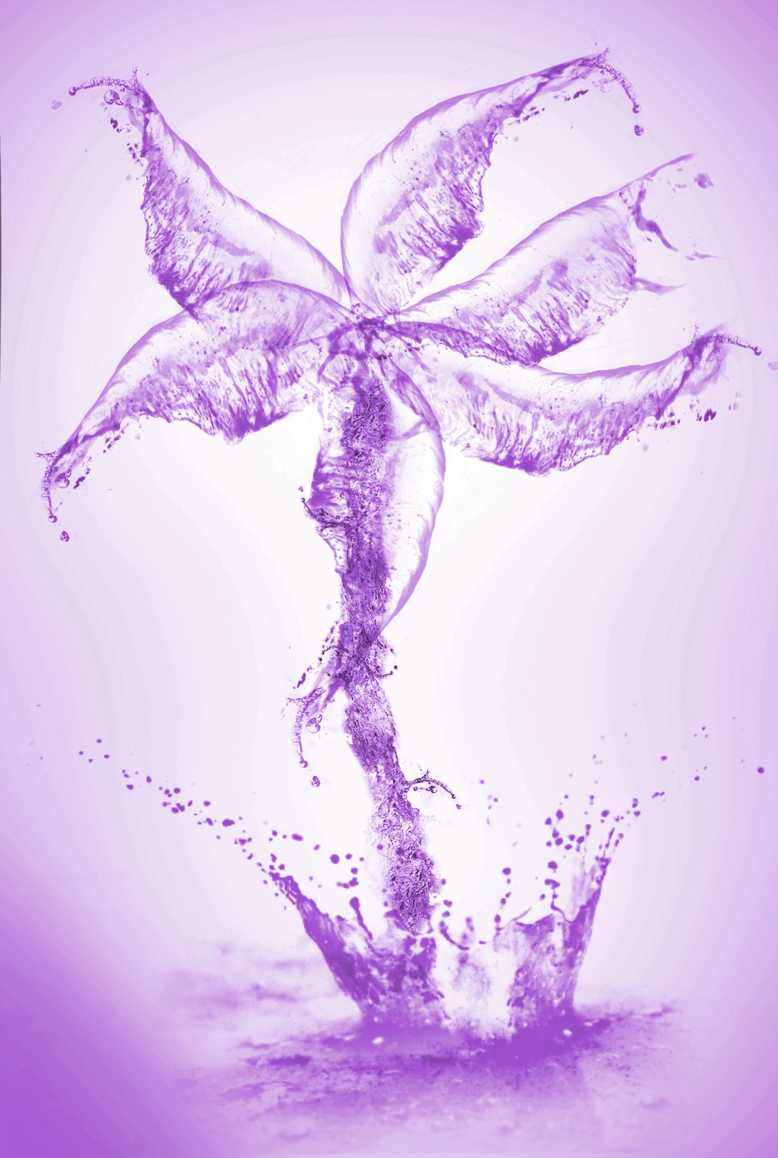 Purple ink drawing of a palm tree with water splashes (abstract, aqua, flower, purple, water)