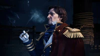 Une figure commandante en uniforme naval, tenant un cigare, se tient devant un fond sombre et atmosphérique, incarnant la tension et le drame d'une aventure de pirate.