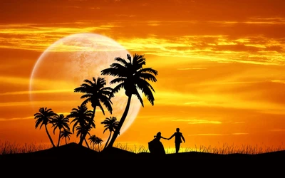 Silhouetted figures dancing beneath a vibrant sunset, framed by palm trees and a large moon in a serene natural landscape.