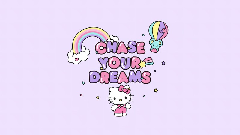 Обои с хелло китти, радугой и шариком хелло китти (chase your dreams, фоновый рисунок hello kitty, розовый абстрактный, санрио, sanrio)