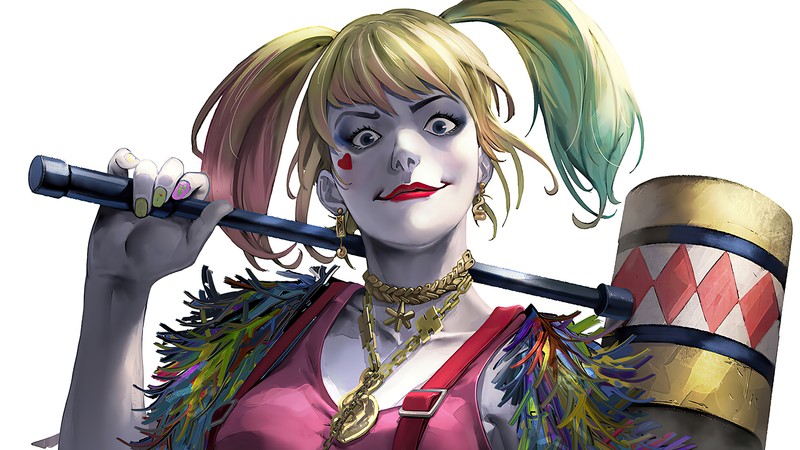 Крупный план женщины с битой в руке (harley quinn, dc comics, антигерой, комиксы, супергерои)