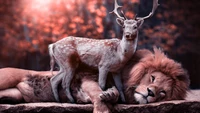 A serene moment of coexistence between a lion and a deer in a tranquil, surreal landscape.