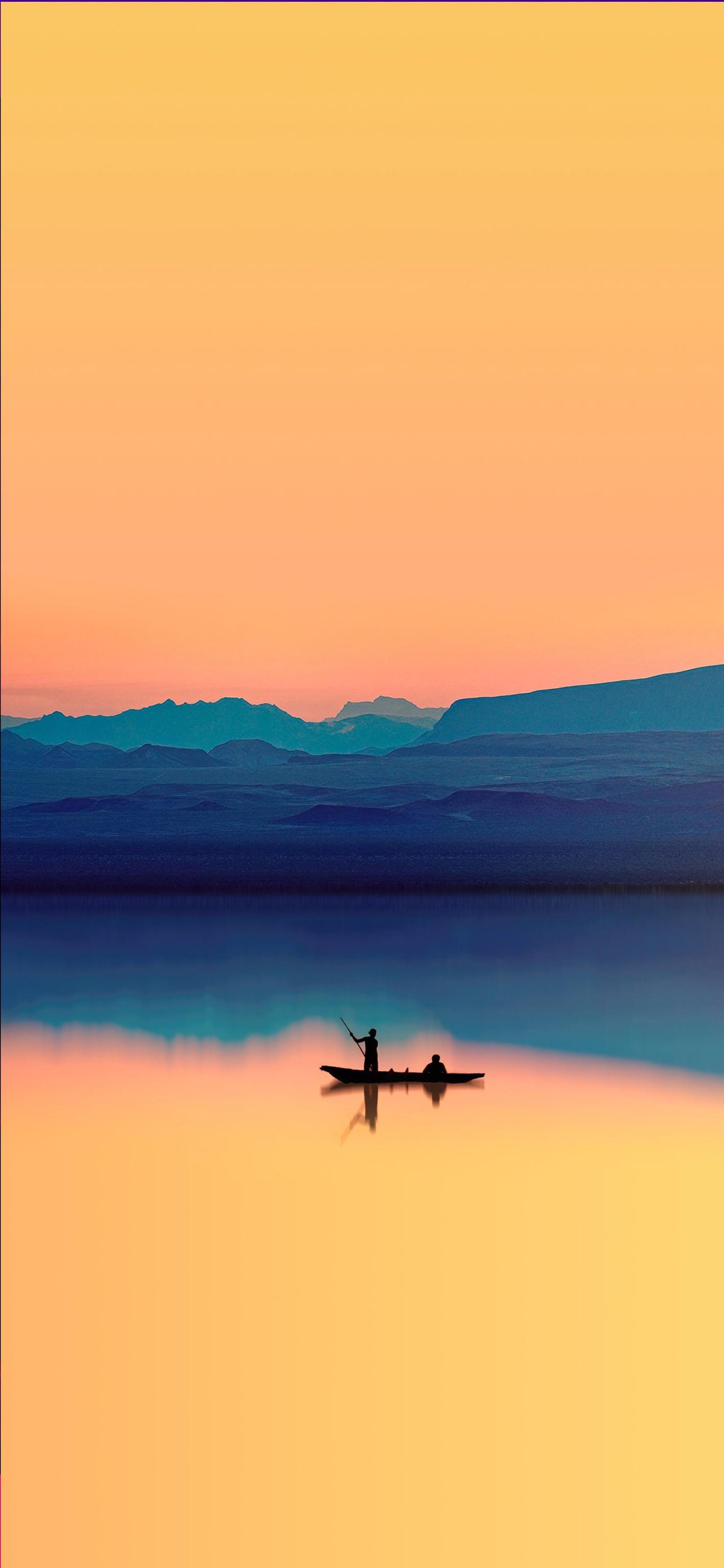 Um homem em um barco em um lago ao pôr do sol (pintura de paisagem, água, resplendor, laranja, nuvem)