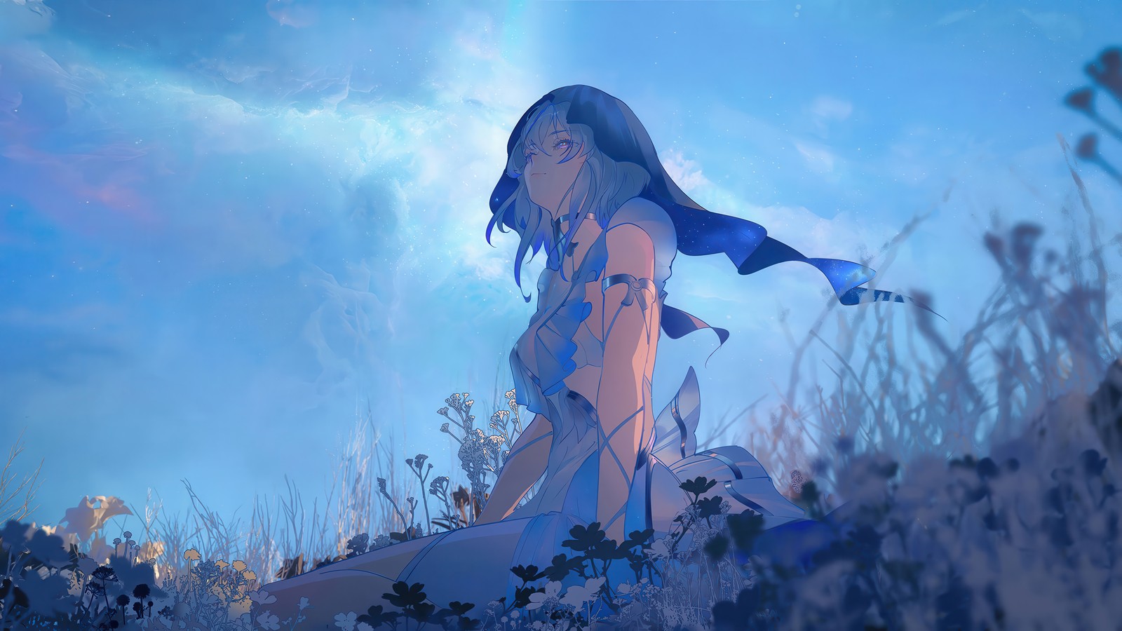 Fille d'anime assise sur une roche dans un champ de fleurs (le gardien du rivage, wuthering waves, jeu vidéo)