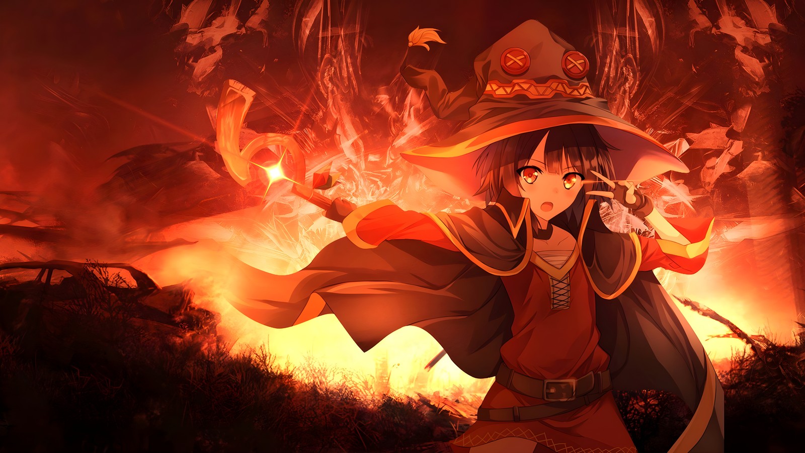 Une femme en chapeau et en cape tenant une baguette devant un feu (art danime, anime, cartoon, orange, art)