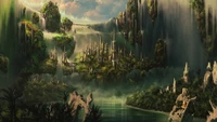 Paisaje de fantasía encantado con ciudad antigua y cascadas