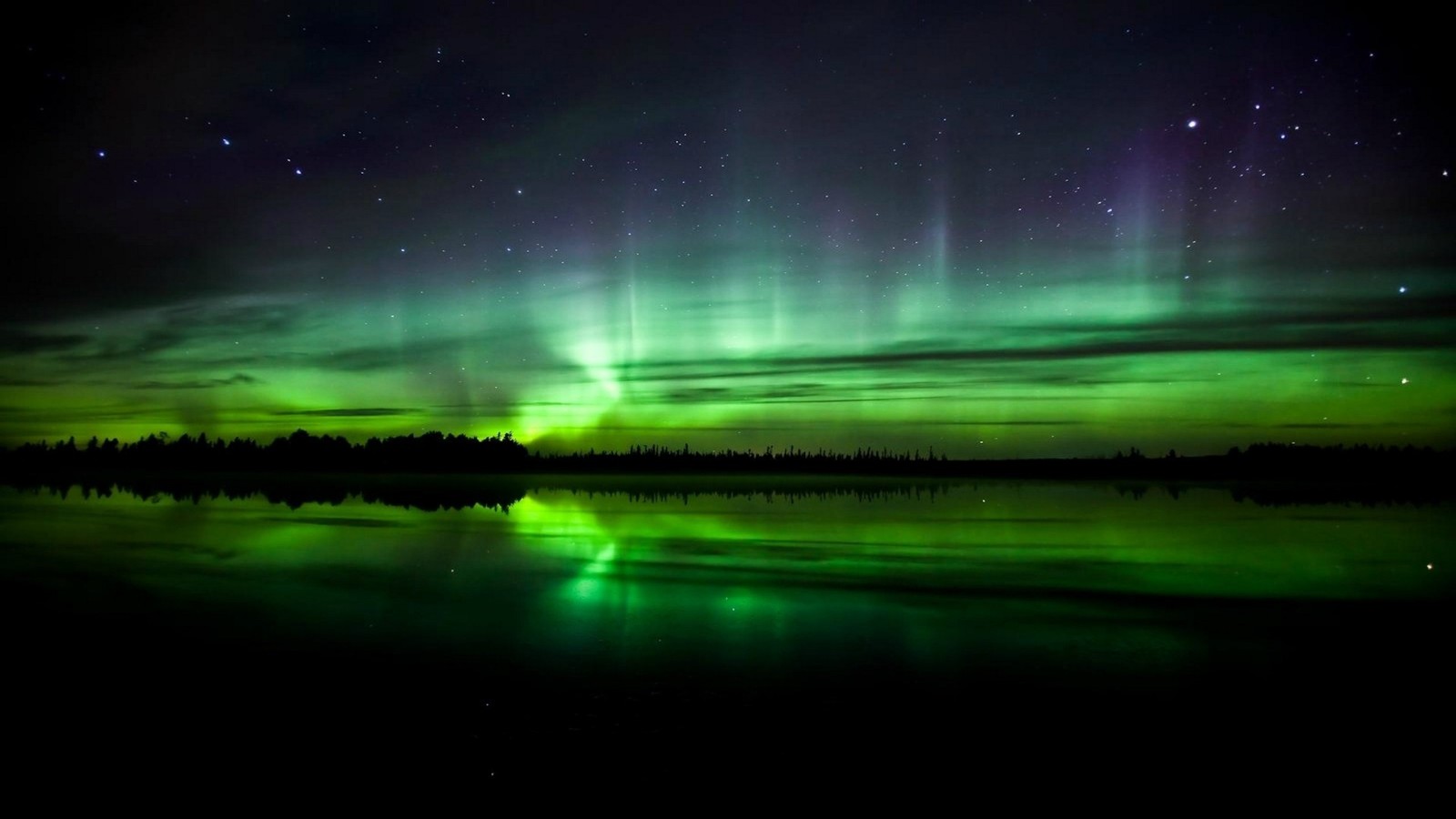 Ein grünes polarlicht über einem see mit bäumen und einem himmel (aurora, natur, grün, atmosphäre, licht)