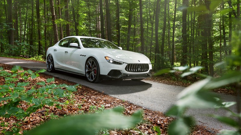 Белый maserati, едущий по дороге в лесу (мазерати куатропорте, maserati quattroporte, maserati, maserati levante, машины)