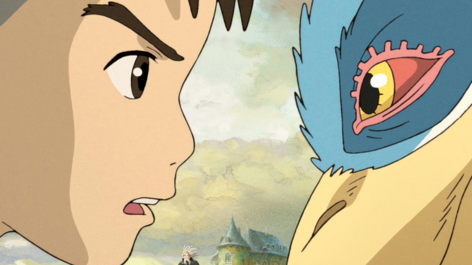 Un primer plano de una persona con una máscara azul (el chico y la garza, the boy and the heron, película, anime)