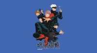 Personagens dinâmicos de Jujutsu Kaisen: Satoru Gojo, Yuji Itadori e Megumi Fushiguro contra um fundo azul ousado