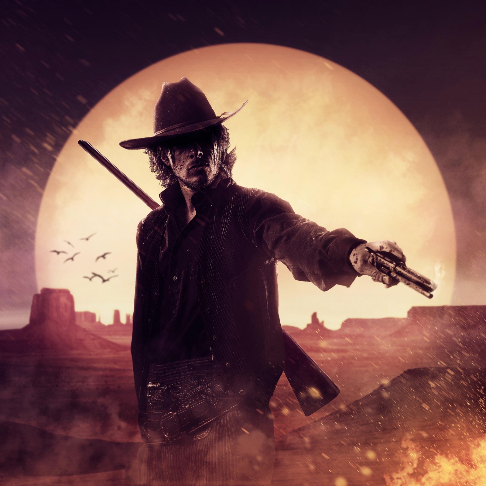 Cow-boy avec une arme dans le désert avec une pleine lune en arrière-plan (red dead redemption 2, red dead redemption, illustration, monde, espace)