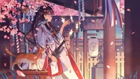 niñas de anime, kimono, cat, arte