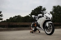 Honda CBR1000RR sport bike parked on a bridge, showcasing its sleek design and distinctive white bodywork.