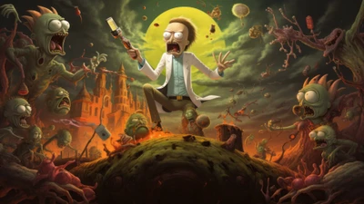 Rick Sanchez batalha contra uma horda de criaturas semelhantes a zumbis em uma paisagem surrealista, incorporando a essência caótica de "Rick e Morty".