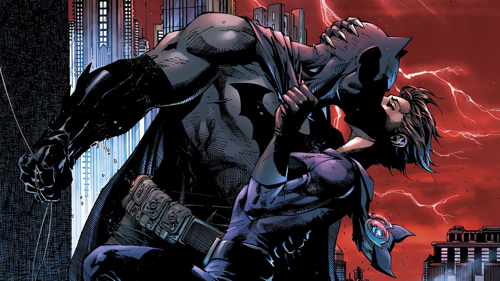 Batman and catwoman fighting in the city at night (batman, dc comics, superhero, comics, comic)