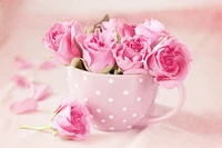 Delicate Pink Roses in a Polka-Dotted Teacup