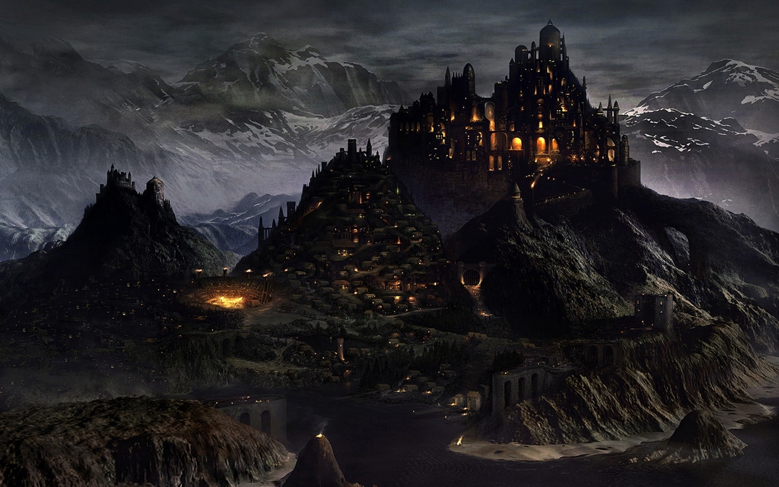 Arafed castle on a mountain with a lake in the foreground (middle ages, city, darkness, mountain, art)