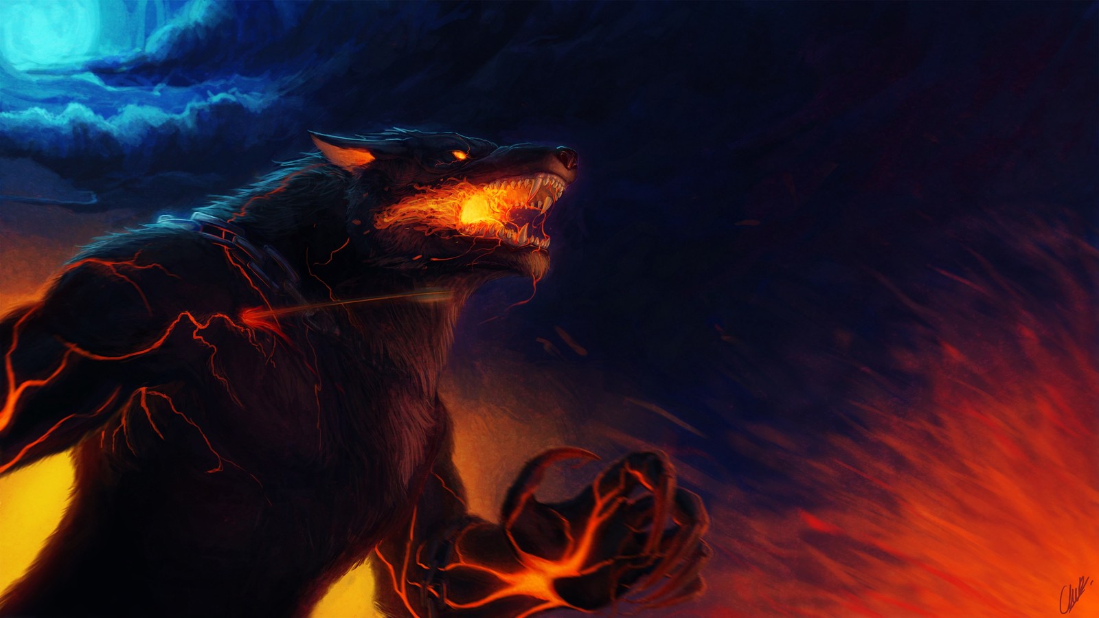 Una pintura de un oso con un cuchillo en la mano (fenrir, arte, calor, llama, fuego)