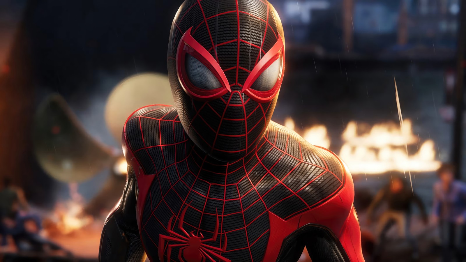 Spider-man dans un costume avec un masque spider-man rouge et noir (marvel spider man 2, marvels spider man 2, jeu vidéo, marvel, miles morales)