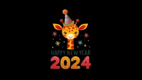 happy new year 2024, giraffe, cute art, ai art, black background wallpaper