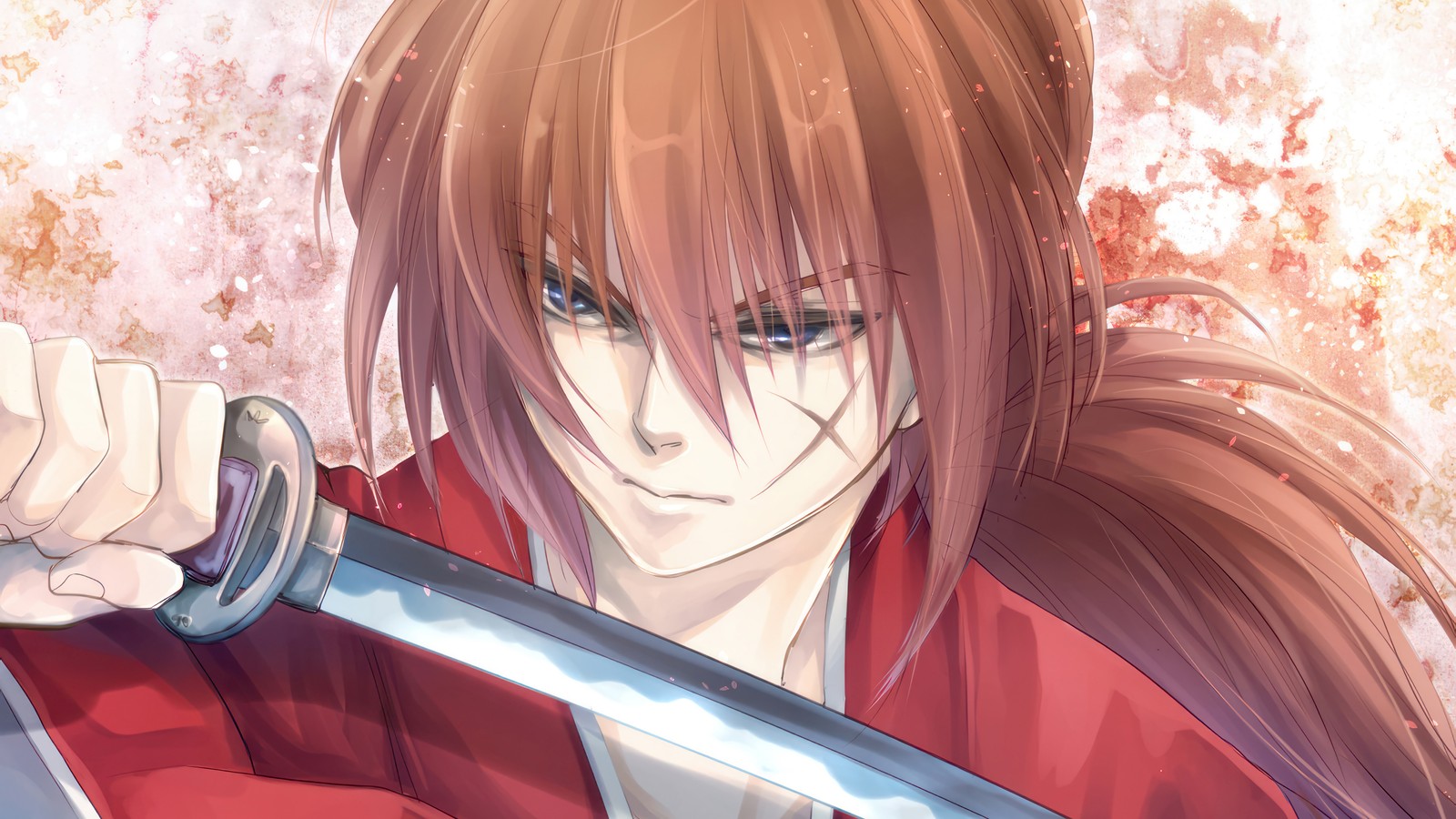 Un primer plano de una persona sosteniendo una espada en la mano (kenshin himura, katana, rurouni kenshin, meiji kenkaku romantan, anime)