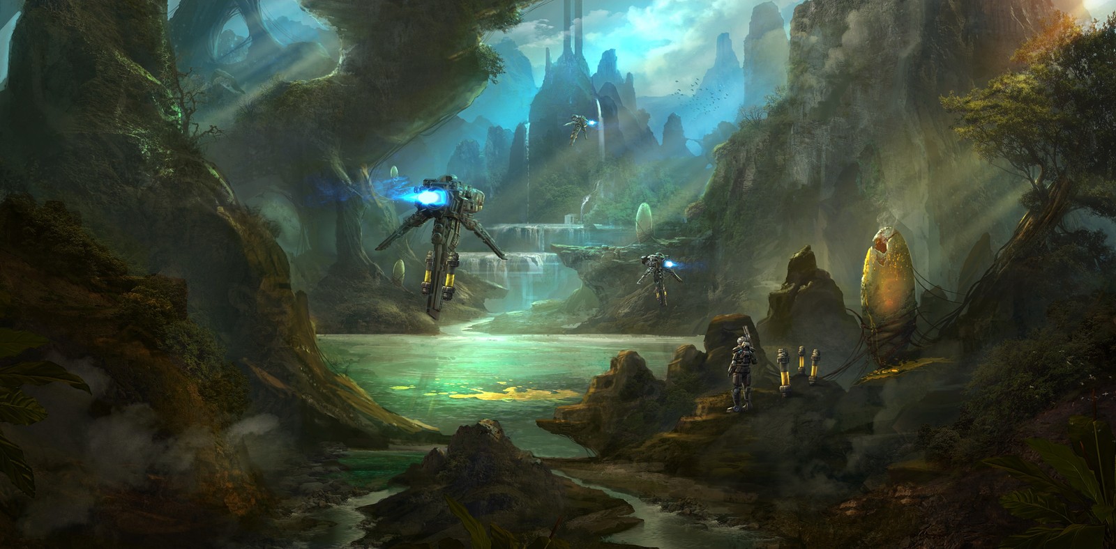 A painting of a futuristic looking city in a forest (fantasy, science fiction, fantastic art, jungle, art)