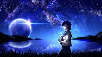 Anime Girl in School Uniform Gazing at a Starry Night Over a Serene Lake