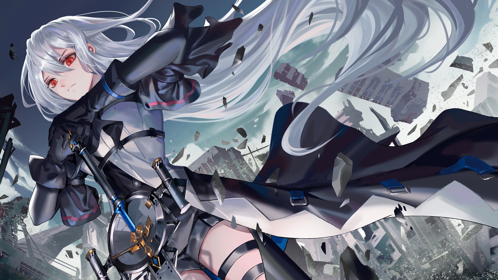 A close up of a person with a gun in a city (anime girls, warrior, white hair, skadi, arknights)