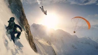 Thrilling Parachuting Adventure in a Snowy Mountain Landscape