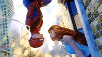 Spider-Man hängt kopfüber mit Mary Jane Watson in einer lebhaften städtischen Umgebung