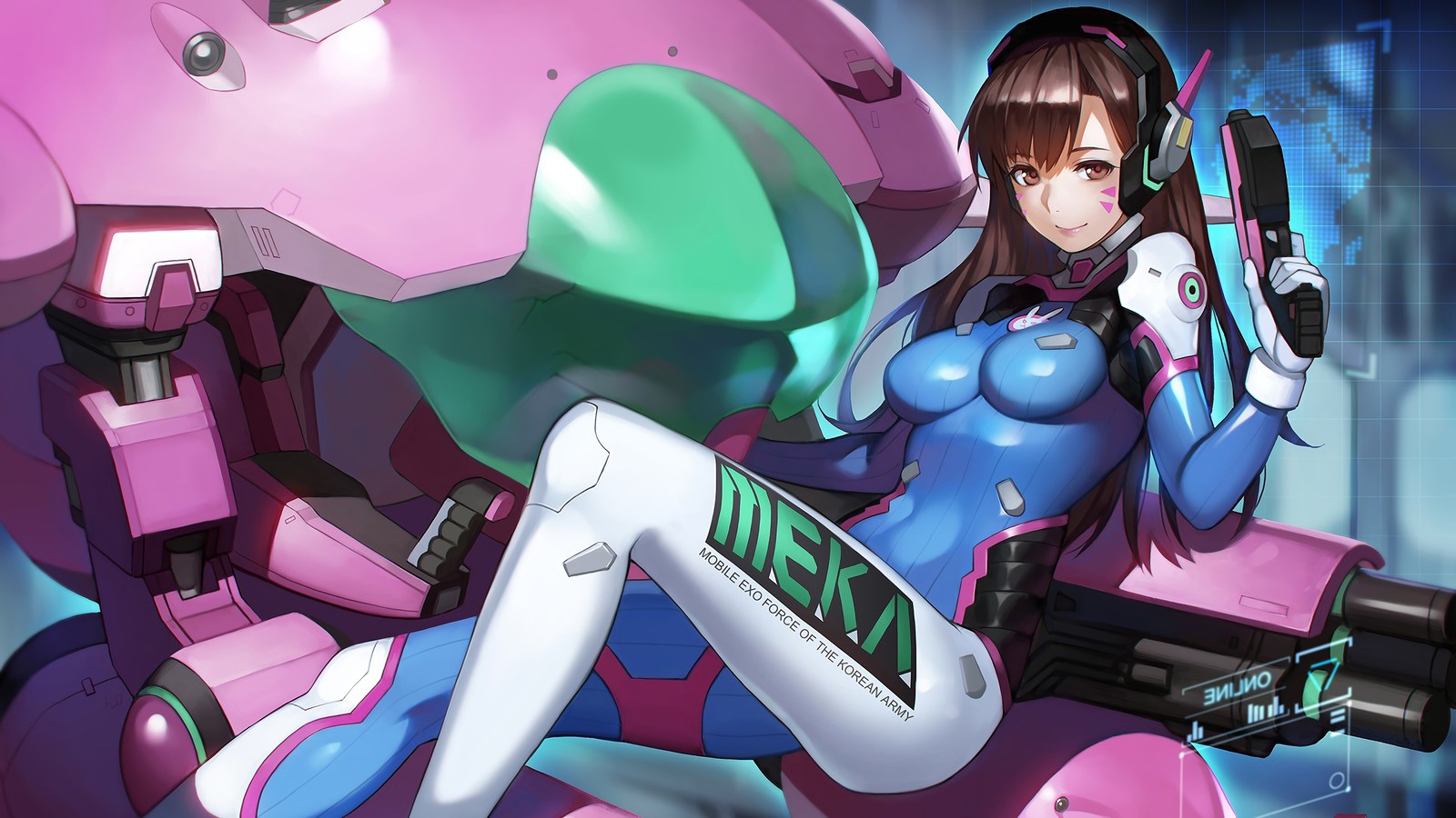 A close up of a woman in a blue and pink suit sitting on a pink robot (dva, overwatch, video game)