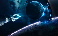 earth, blue planet, gateway, rocket, stars wallpaper