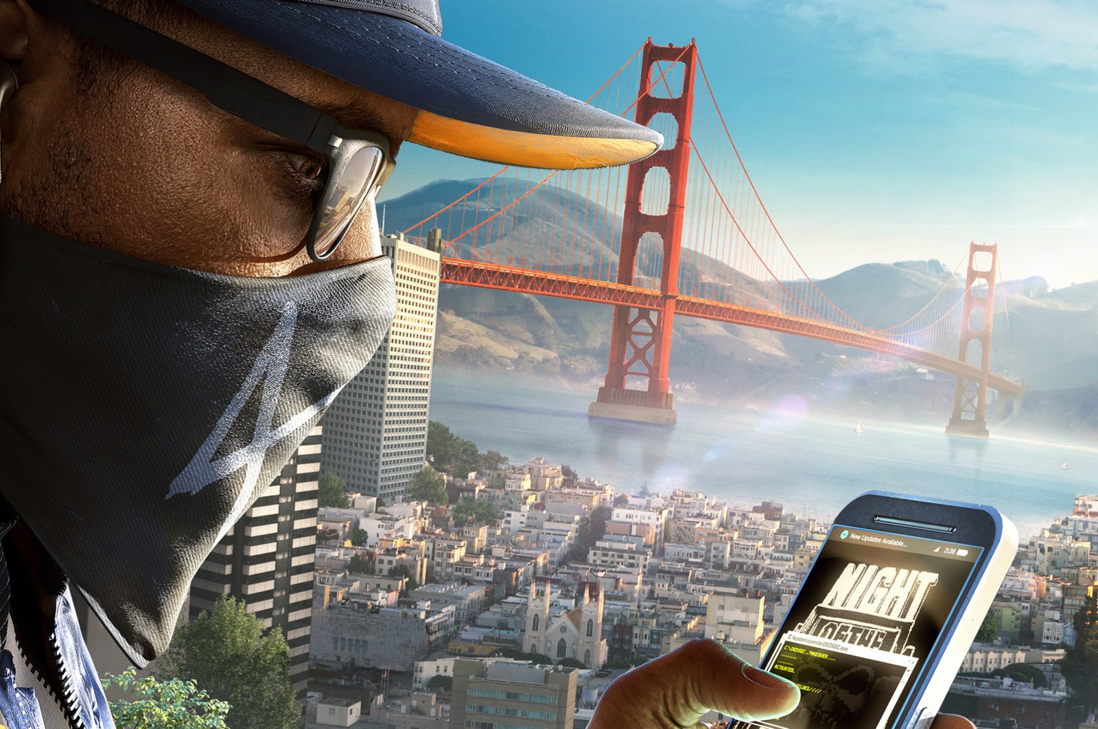 Arafed man in a bandana looking at a cell phone (watch dogs 2, watch dogs, open world, travel, headgear)