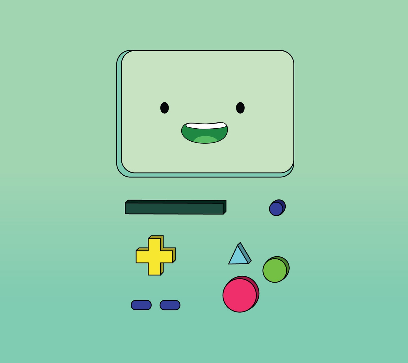 Un gros plan d'une manette de jeu avec un visage dessus (temps daventure, adventure time, beemo, cartoon, finn)