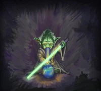 Yoda com um sabre de luz e um bong em um ambiente escuro