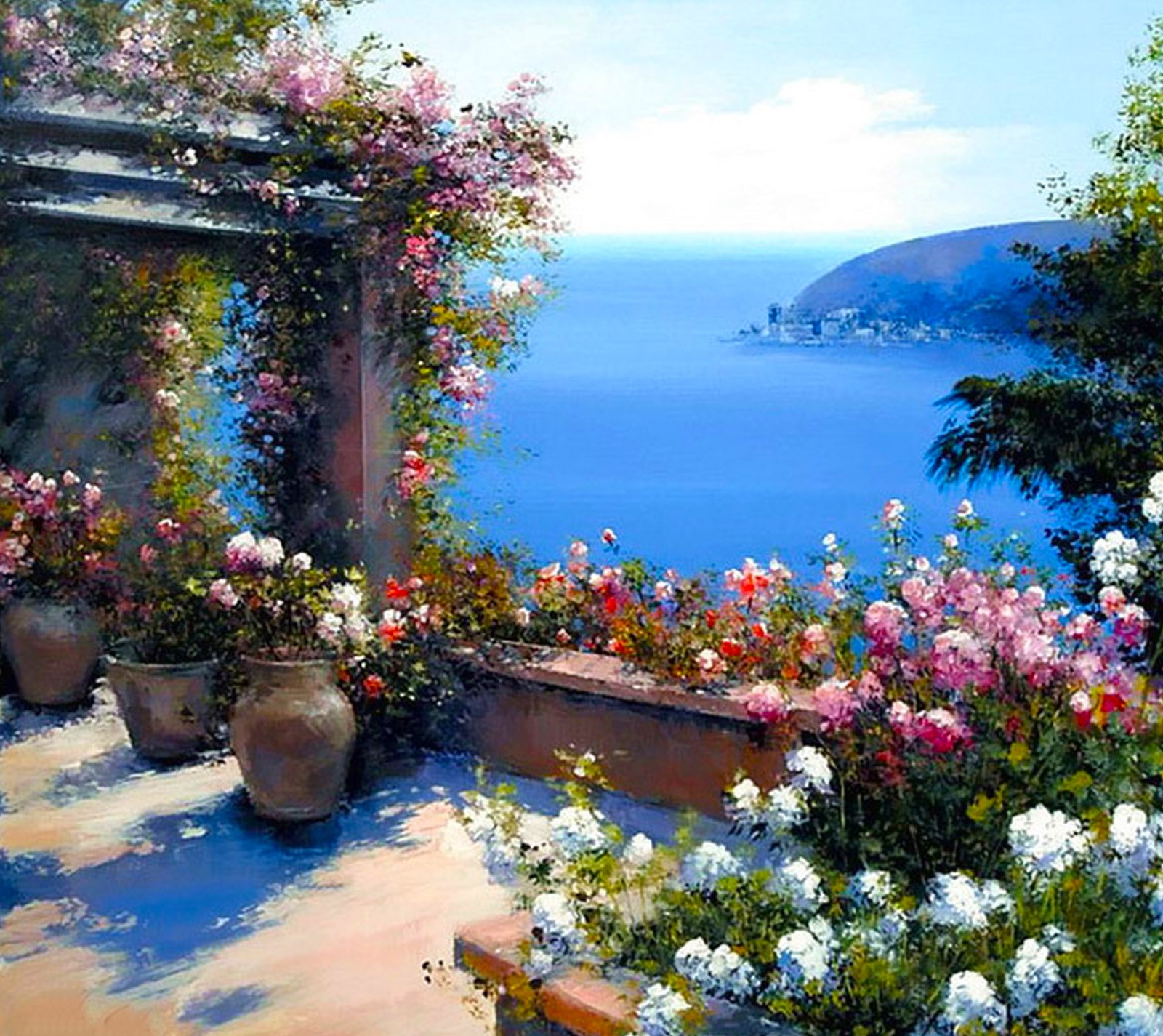 Painting of a garden with flowers and a view of the ocean (nature, wallpaper)